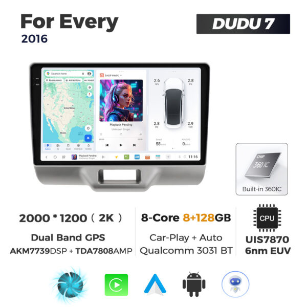 Navigatie Dedicata Suzuki Every 2016 DUDU7 9" 8GB RAM, 128GB ROM, Octacore, Ecran 2K, CarPlay&AndroidAuto, Android