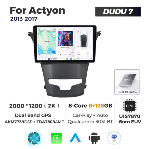 Navigatie Dedicata SsangYong Actyon 2013-2017 DUDU7 9" 8GB RAM, 128GB ROM, Octacore, Ecran 2K, CarPlay&AndroidAuto, Android