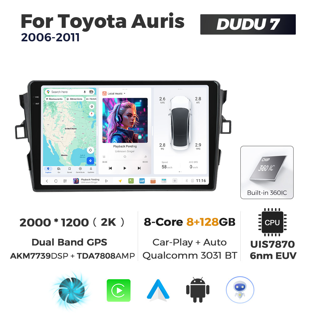 Navigatie Dedicata Toyota Auris 2006-2011 DUDU7 9" 8GB RAM, 128GB ROM, Octacore, Ecran 2K, CarPlay&AndroidAuto, Android - imagine 1