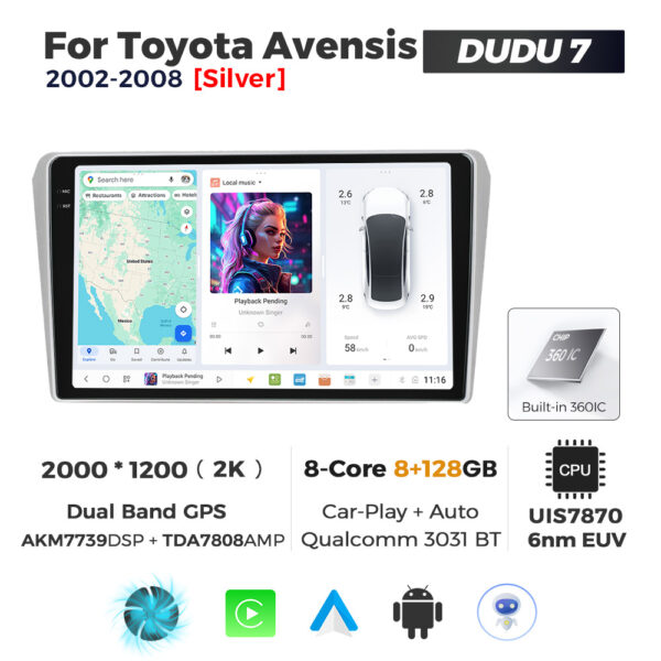 Navigatie Dedicata Toyota Avensis 2002-2008 DUDU7 9" 8GB RAM, 128GB ROM, Octacore, Ecran 2K, CarPlay&AndroidAuto, Android