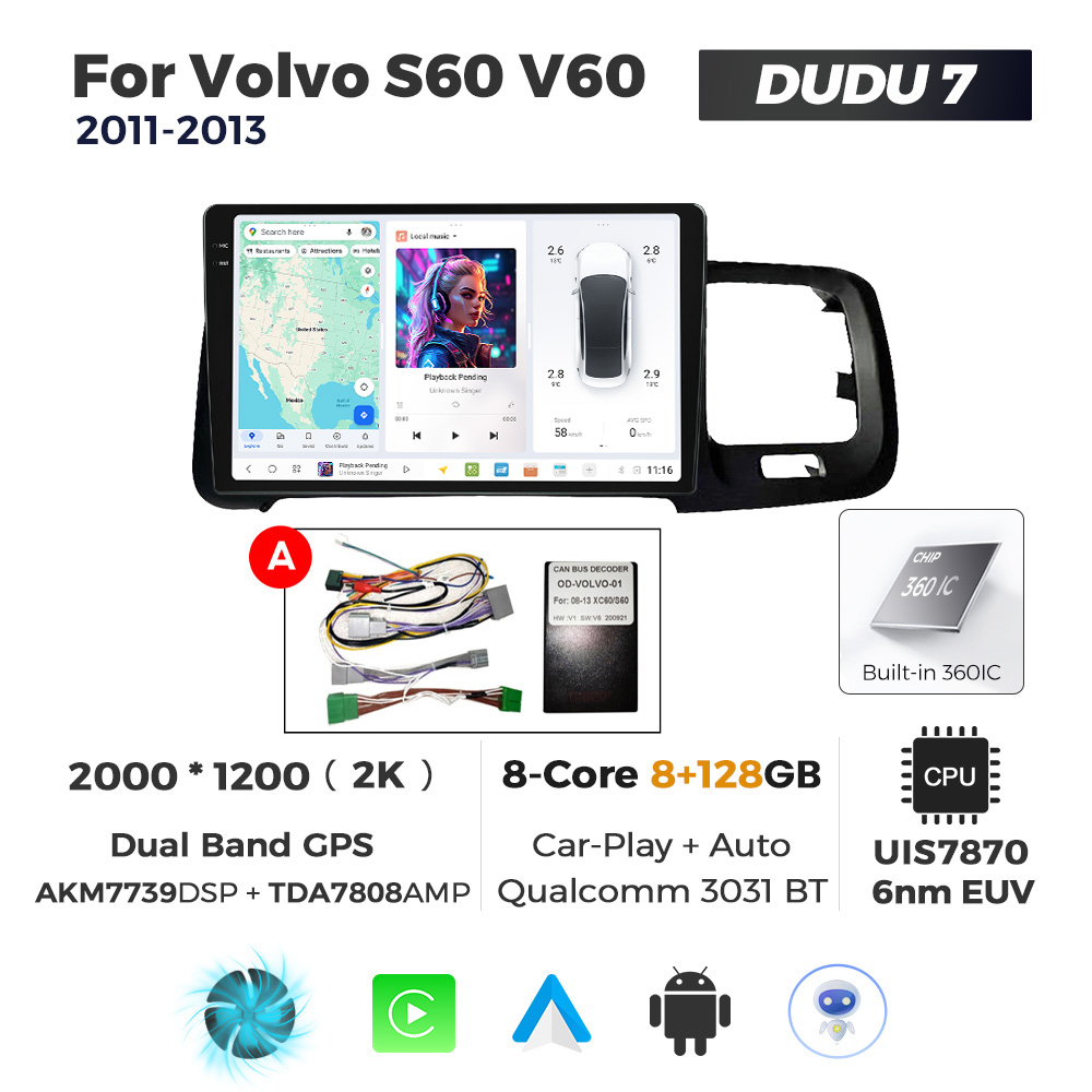 Navigatie Dedicata Volvo S60 V60 2011-2020 DUDU7 9" 8GB RAM, 128GB ROM, Octacore, Ecran 2K, CarPlay&AndroidAuto, Android - imagine 1