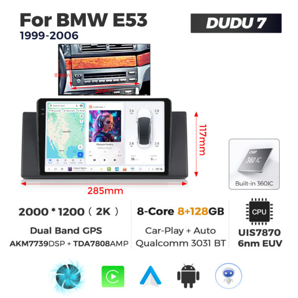 Navigatie Dedicata BMW X5 E53 1999-2006 DUDU7 9" 8GB RAM, 128GB ROM, Octacore, Ecran 2K, CarPlay&AndroidAuto, Android