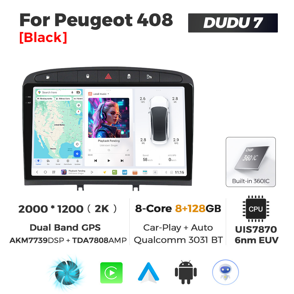 Navigatie Dedicata Peugeot 408 2001-2008 DUDU7 9" 8GB RAM, 128GB ROM, Octacore, Ecran 2K, CarPlay&AndroidAuto, Android - imagine 1