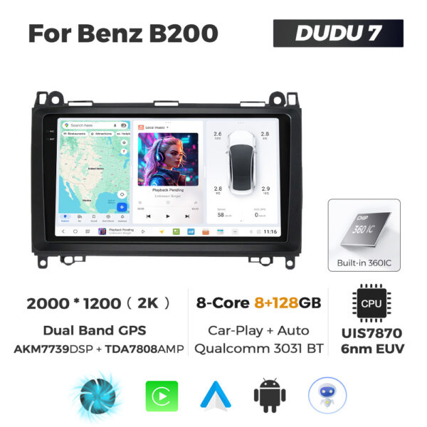 Navigatie Dedicata Benz B200 DUDU7 9" 8GB RAM, 128GB ROM, Octacore, Ecran 2K, CarPlay&AndroidAuto, Android