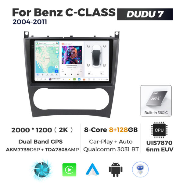 Navigatie Dedicata Benz C-Class 2004-2011 DUDU7 9" 8GB RAM, 128GB ROM, Octacore, Ecran 2K, CarPlay&AndroidAuto, Android