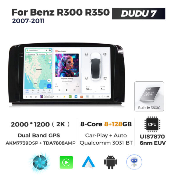 Navigatie Dedicata Benz R300 R350 2007-2011 DUDU7 9" 8GB RAM, 128GB ROM, Octacore, Ecran 2K, CarPlay&AndroidAuto, Android