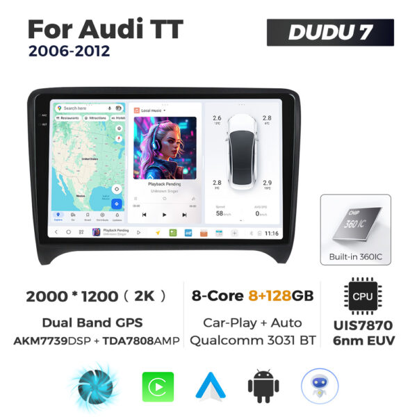 Navigatie Dedicata Audi TT 2006-2012 DUDU7 9" 8GB RAM, 128GB ROM, Octacore, Ecran 2K, CarPlay&AndroidAuto, Android