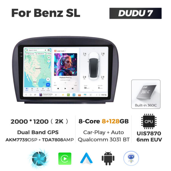 Navigatie Dedicata Benz SL DUDU7 9" 8GB RAM, 128GB ROM, Octacore, Ecran 2K, CarPlay&AndroidAuto, Android