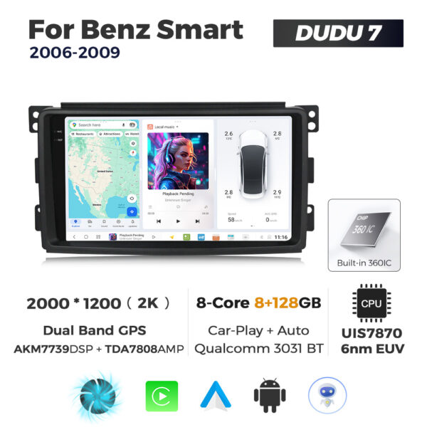 Navigatie Dedicata Benz Smart 2006-2009 DUDU7 9" 8GB RAM, 128GB ROM, Octacore, Ecran 2K, CarPlay&AndroidAuto, Android