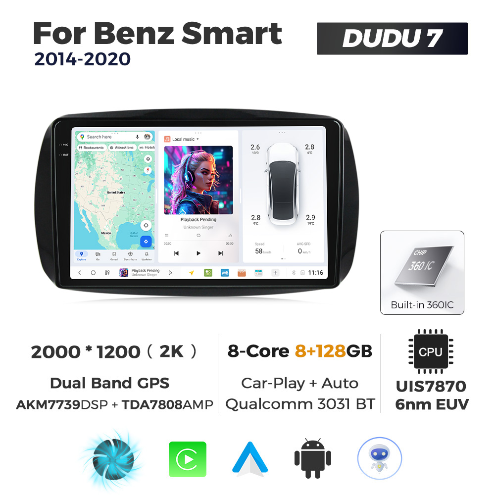 Navigatie Dedicata Benz Smart 2014-2020 DUDU7 9" 8GB RAM, 128GB ROM, Octacore, Ecran 2K, CarPlay&AndroidAuto, Android - imagine 1