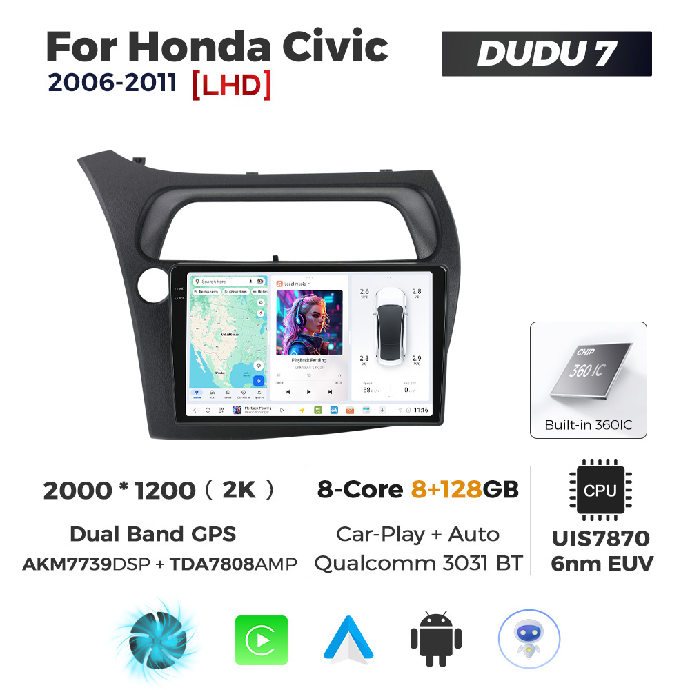 Navigatie Dedicata Honda Civic 2006-2011 DUDU7 9" 8GB RAM, 128GB ROM, Octacore, Ecran 2K, CarPlay&AndroidAuto, Android - imagine 1