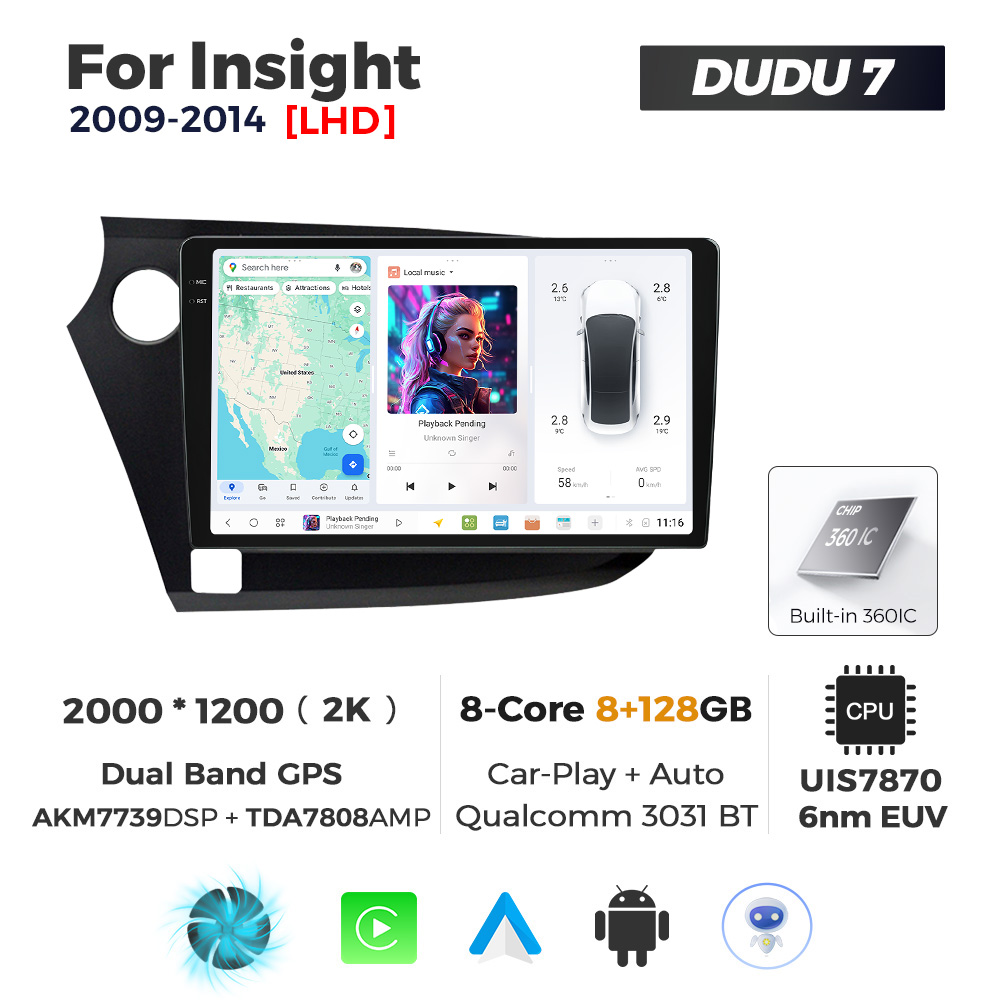 Navigatie Dedicata Honda Insight 2009-2014 DUDU7 9" 8GB RAM, 128GB ROM, Octacore, Ecran 2K, CarPlay&AndroidAuto, Android - imagine 1