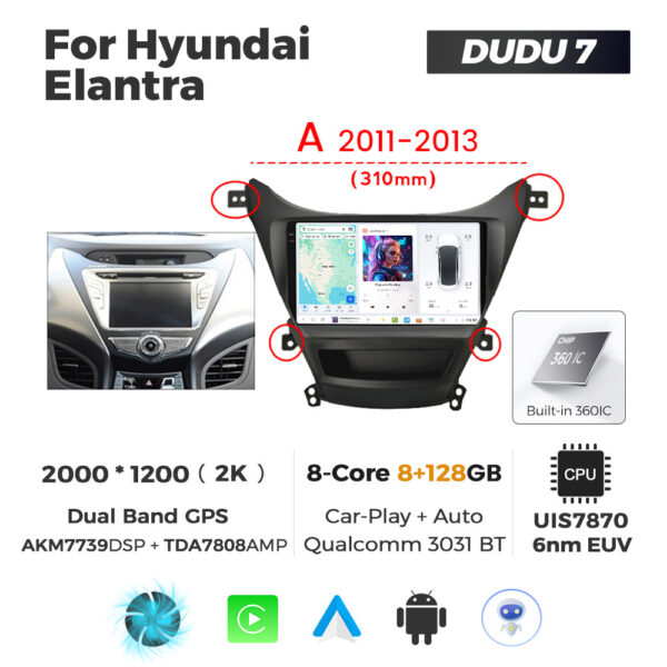 Navigatie Dedicata Hyundai Elantra 2011-2013 A DUDU7 9" 8GB RAM, 128GB ROM, Octacore, Ecran 2K, CarPlay&AndroidAuto, Android