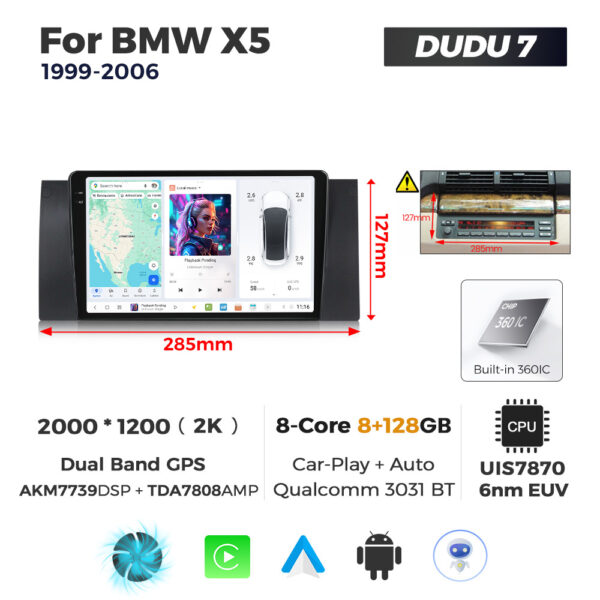 Navigatie Dedicata BMW E39 1999-2006 DUDU7 9" 8GB RAM, 128GB ROM, Octacore, Ecran 2K, CarPlay&AndroidAuto, Android