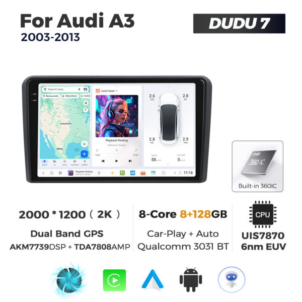 Navigatie Dedicata Audi A3 2003-2013 DUDU7 9" 8GB RAM, 128GB ROM, Octacore, Ecran 2K, CarPlay&AndroidAuto, Android
