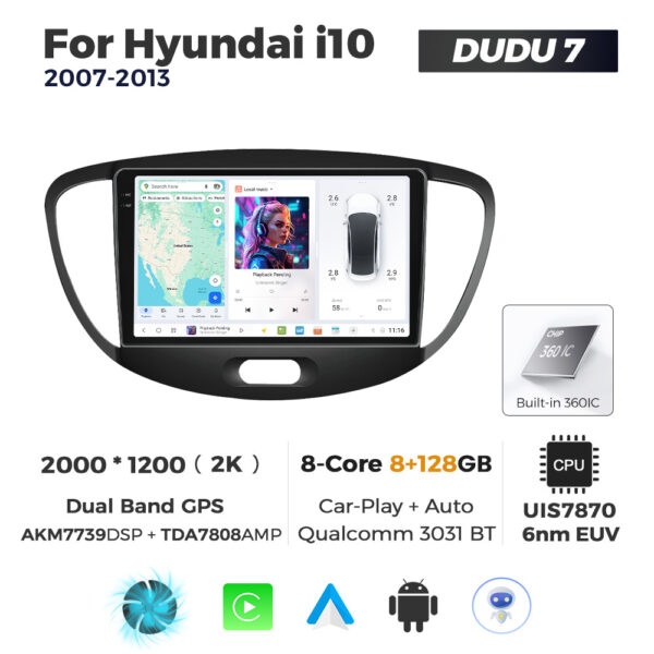 Navigatie Dedicata Hyundai I10 2007-2013 DUDU7 9" 8GB RAM, 128GB ROM, Octacore, Ecran 2K, CarPlay&AndroidAuto, Android