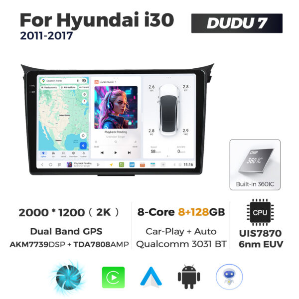 Navigatie Dedicata Hyundai I30 2011-2017 DUDU7 9" 8GB RAM, 128GB ROM, Octacore, Ecran 2K, CarPlay&AndroidAuto, Android