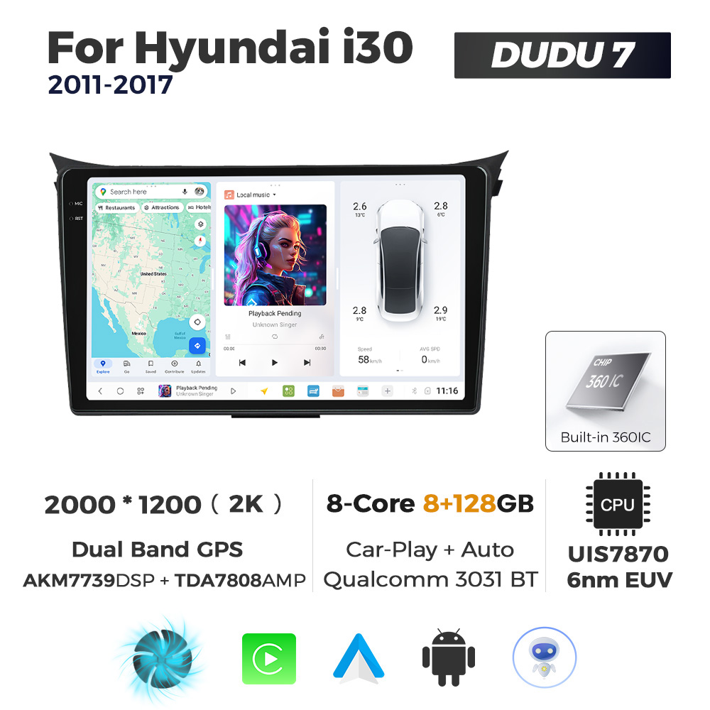 Navigatie Dedicata Hyundai I30 2011-2017 DUDU7 9" 8GB RAM, 128GB ROM, Octacore, Ecran 2K, CarPlay&AndroidAuto, Android - imagine 1