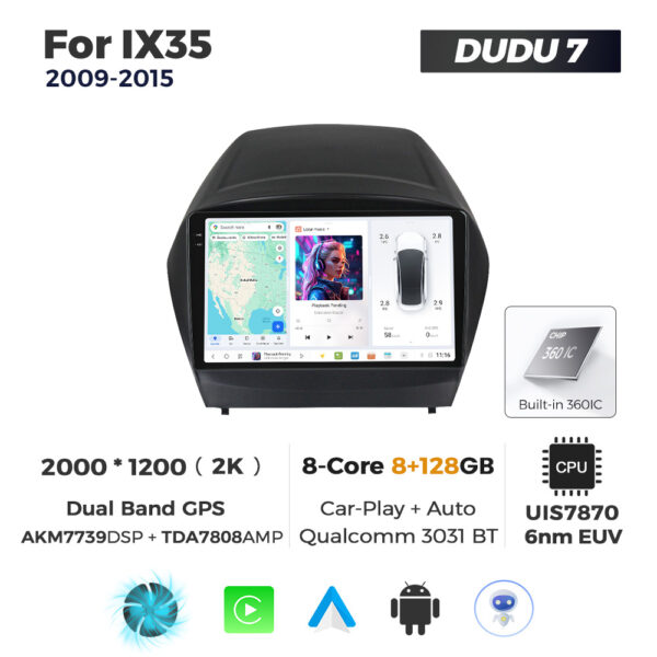 Navigatie Dedicata Hyundai IX35 2009-2015 DUDU7 9" 8GB RAM, 128GB ROM, Octacore, Ecran 2K, CarPlay&AndroidAuto, Android