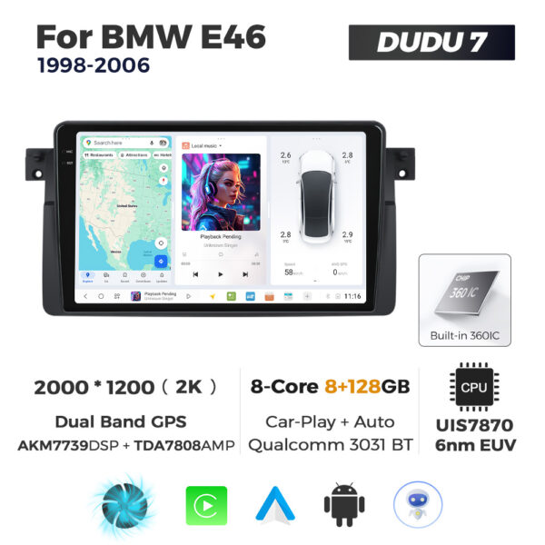 Navigatie Dedicata BMW E46 1998-2006 DUDU7 9" 8GB RAM, 128GB ROM, Octacore, Ecran 2K, CarPlay&AndroidAuto, Android