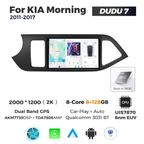 Navigatie Dedicata Kia Morning 2011-2017 DUDU7 9" 8GB RAM, 128GB ROM, Octacore, Ecran 2K, CarPlay&AndroidAuto, Android