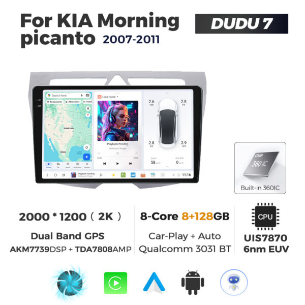 Navigatie Dedicata Kia Morning Picanto 2007-2011 DUDU7 9" 8GB RAM, 128GB ROM, Octacore, Ecran 2K, CarPlay&AndroidAuto, Android