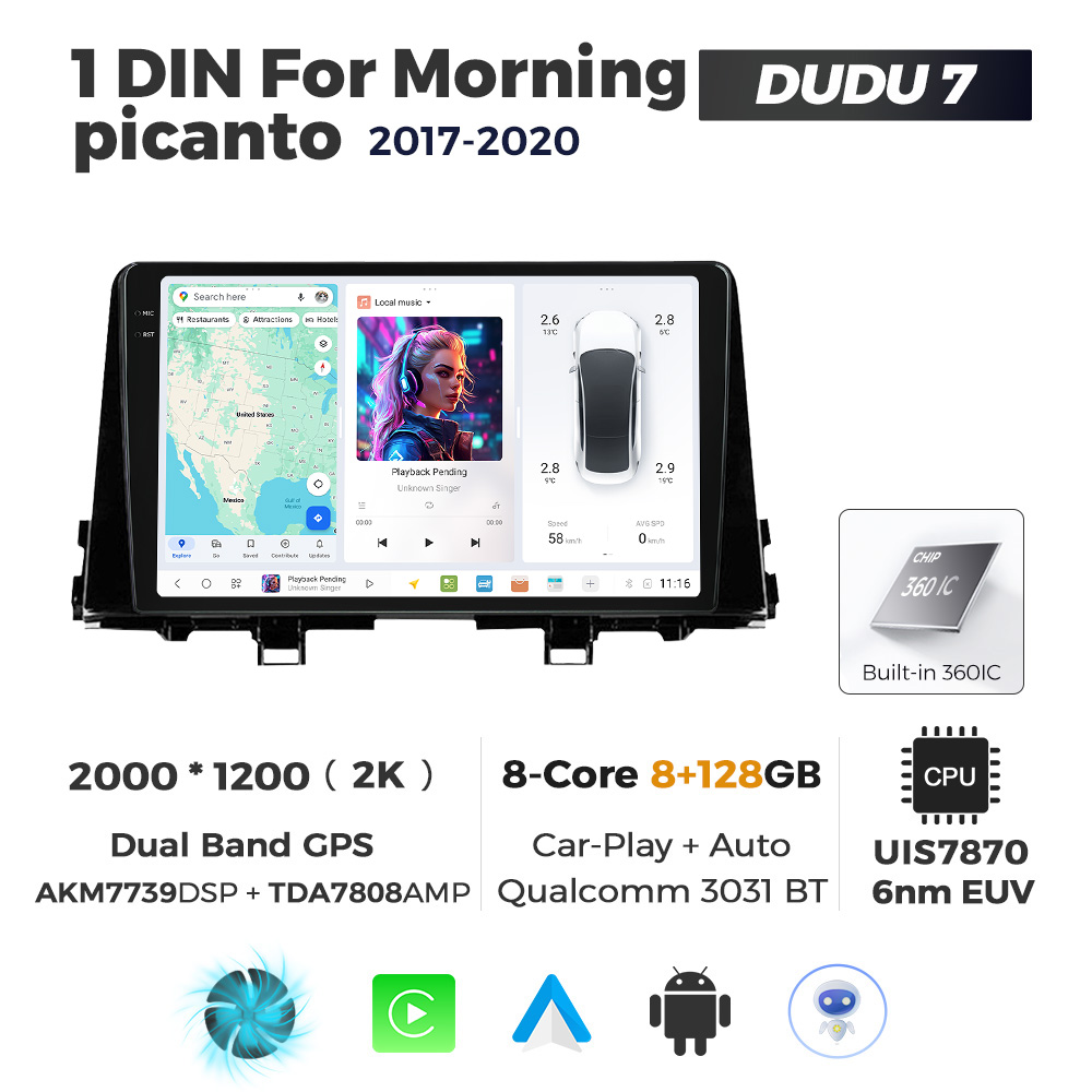 Navigatie Dedicata Kia Morning Picanto 2017-2020 DUDU7 9" 8GB RAM, 128GB ROM, Octacore, Ecran 2K, CarPlay&AndroidAuto, Android - imagine 1