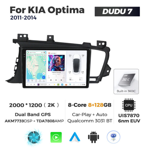 Navigatie Dedicata Kia Optima 2011-2014 DUDU7 9" 8GB RAM, 128GB ROM, Octacore, Ecran 2K, CarPlay&AndroidAuto, Android