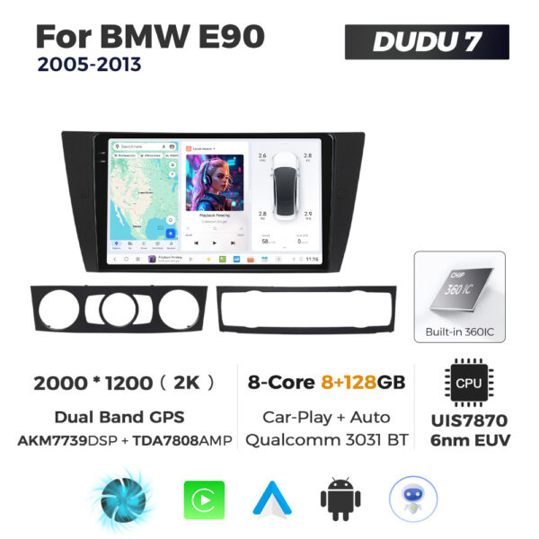 Navigatie Dedicata BMW E90 2005-2013 DUDU7 9" 8GB RAM, 128GB ROM, Octacore, Ecran 2K, CarPlay&AndroidAuto, Android