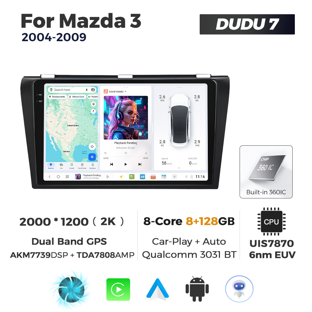 Navigatie Dedicata Mazda 3 2004-2009 DUDU7 9" 8GB RAM, 128GB ROM, Octacore, Ecran 2K, CarPlay&AndroidAuto, Android - imagine 1