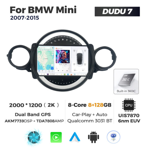 Navigatie Dedicata BMW MINI 2007-2015 DUDU7 9" 8GB RAM, 128GB ROM, Octacore, Ecran 2K, CarPlay&AndroidAuto, Android