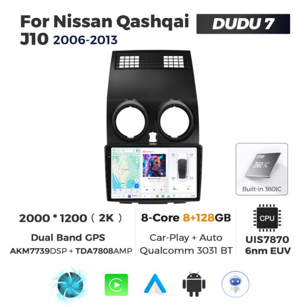 Navigatie Dedicata Nissan Qashqai J10 2006-2013 DUDU7 9" 8GB RAM, 128GB ROM, Octacore, Ecran 2K, CarPlay&AndroidAuto, Android