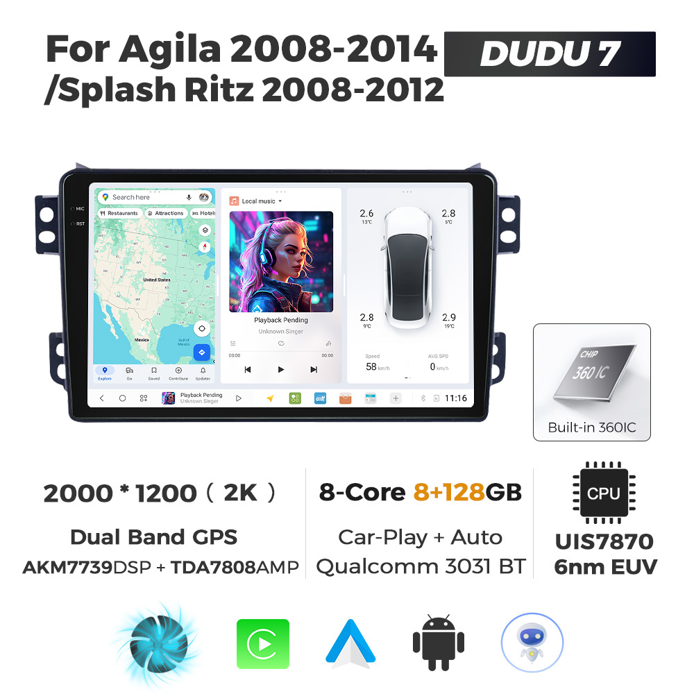 Navigatie Dedicata Opel Agila DUDU7 9" 8GB RAM, 128GB ROM, Octacore, Ecran 2K, CarPlay&AndroidAuto, Android - imagine 1