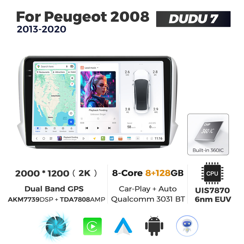 Navigatie Dedicata Peugeot 2008 2013-2020 DUDU7 9" 8GB RAM, 128GB ROM, Octacore, Ecran 2K, CarPlay&AndroidAuto, Android - imagine 1