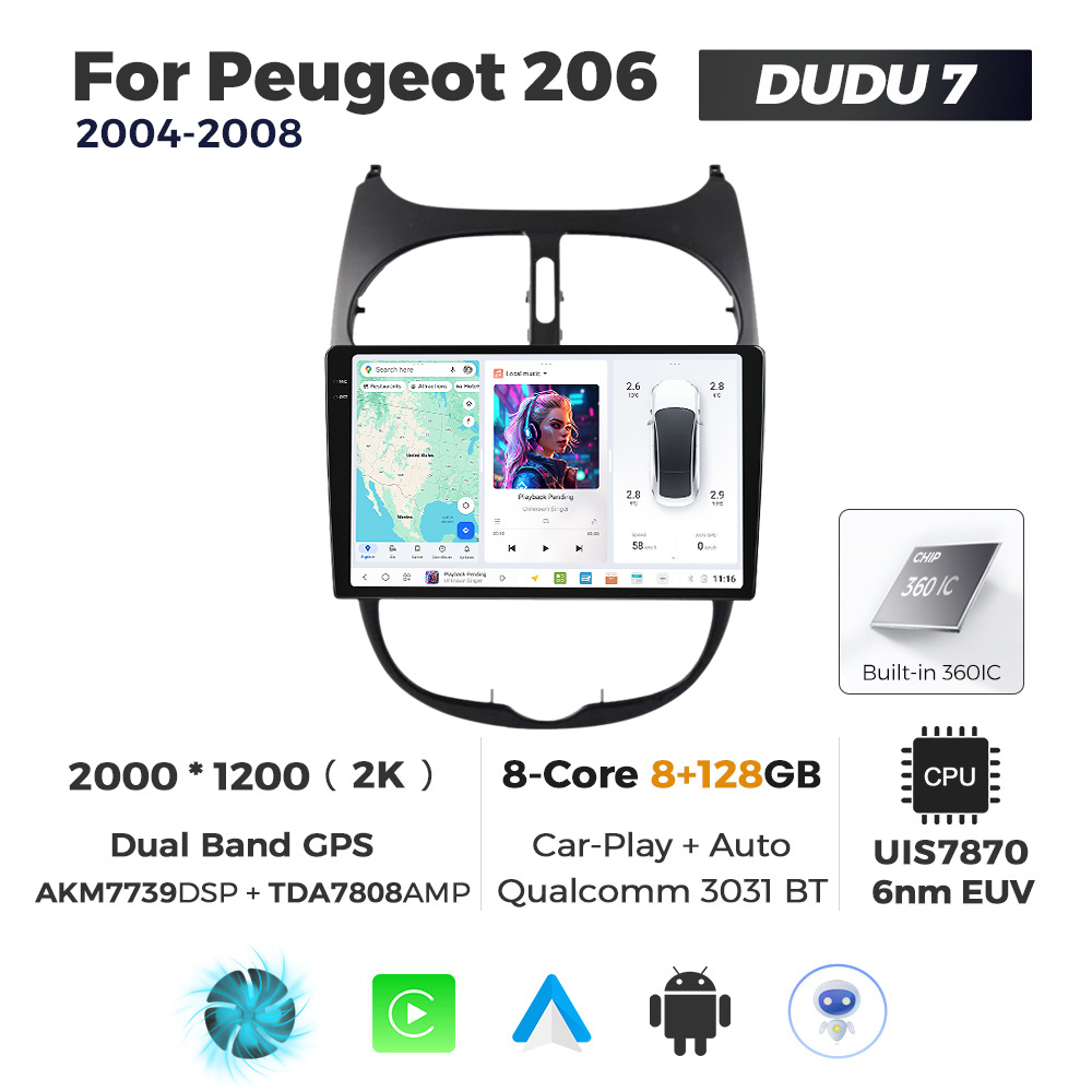 Navigatie Dedicata Peugeot 206 2004-2008 DUDU7 9" 8GB RAM, 128GB ROM, Octacore, Ecran 2K, CarPlay&AndroidAuto, Android - imagine 1