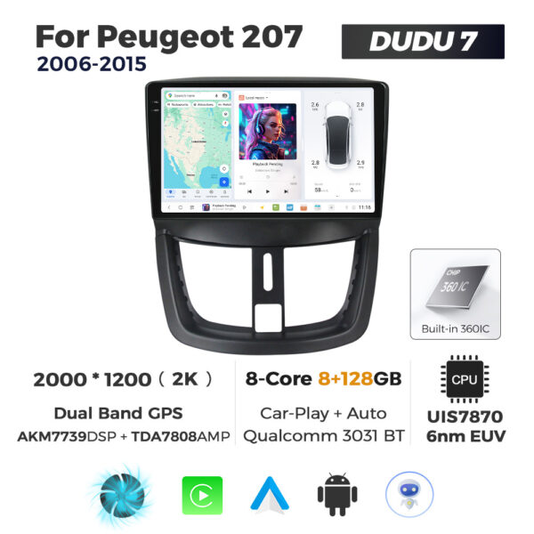 Navigatie Dedicata Peugeot 207 2006-2015 DUDU7 9" 8GB RAM, 128GB ROM, Octacore, Ecran 2K, CarPlay&AndroidAuto, Android