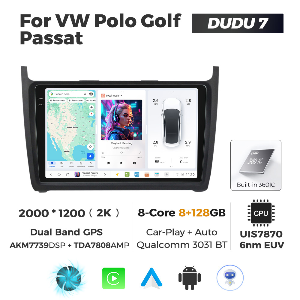 Navigatie Dedicata Volkswagen Polo 2009-2017 DUDU7 9" 8GB RAM, 128GB ROM, Octacore, Ecran 2K, CarPlay&AndroidAuto, Android - imagine 1