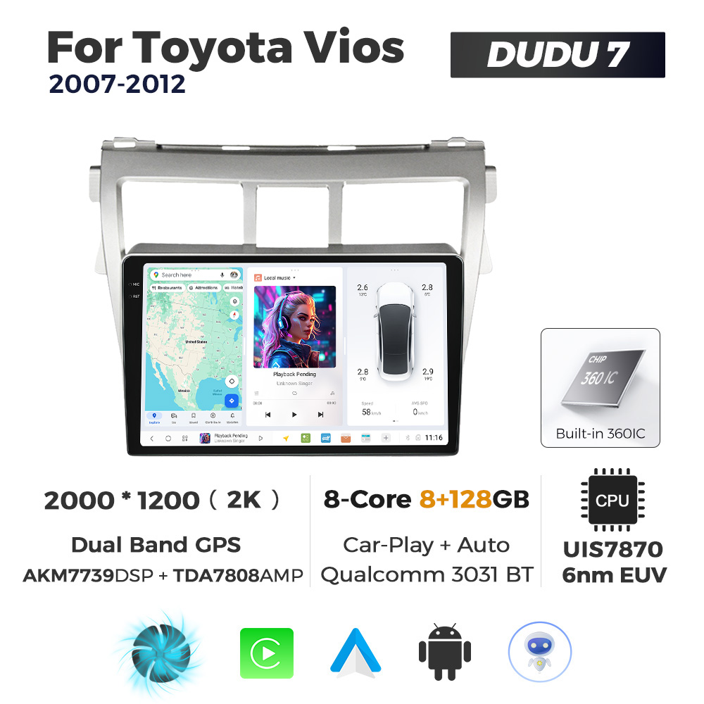 Navigatie Dedicata Toyota Vios 2007-2012 DUDU7 9" 8GB RAM, 128GB ROM, Octacore, Ecran 2K, CarPlay&AndroidAuto, Android - imagine 1