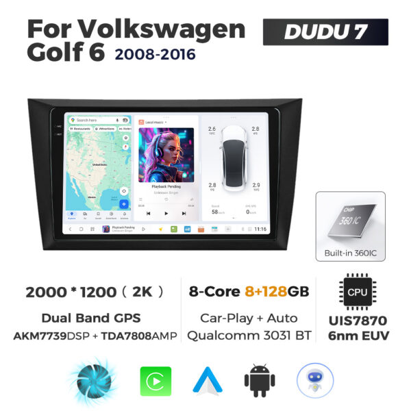 Navigatie Dedicata Volkswagen Golf 6 2008-2016 DUDU7 9" 8GB RAM, 128GB ROM, Octacore, Ecran 2K, CarPlay&AndroidAuto, Android