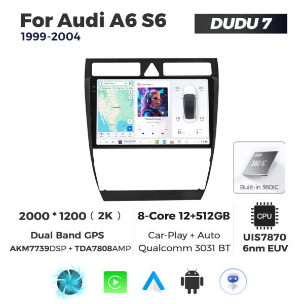 Navigatie Dedicata Audi A6 S6 1999-2004 DUDU7 9" 12GB RAM, 512GB ROM, Octacore, Ecran 2K, CarPlay&AndroidAuto, Android