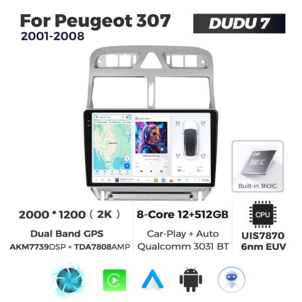 Navigatie Dedicata Peugeot 307 2001-2008 DUDU7 9" 12GB RAM, 512GB ROM, Octacore, Ecran 2K, CarPlay&AndroidAuto, Android