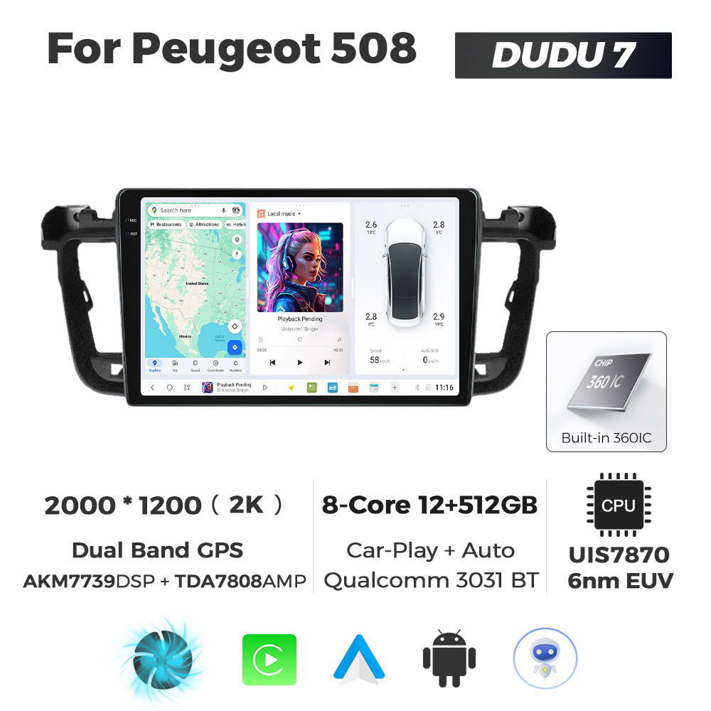 Navigatie Dedicata Peugeot 508 DUDU7 9" 12GB RAM, 512GB ROM, Octacore, Ecran 2K, CarPlay&AndroidAuto, Android - imagine 1