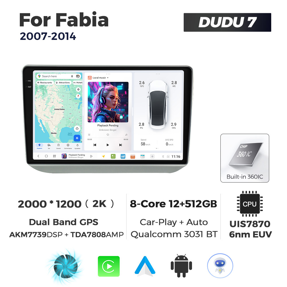 Navigatie Dedicata Skoda Fabia 2007-2014 DUDU7 9" 12GB RAM, 512GB ROM, Octacore, Ecran 2K, CarPlay&AndroidAuto, Android - imagine 1