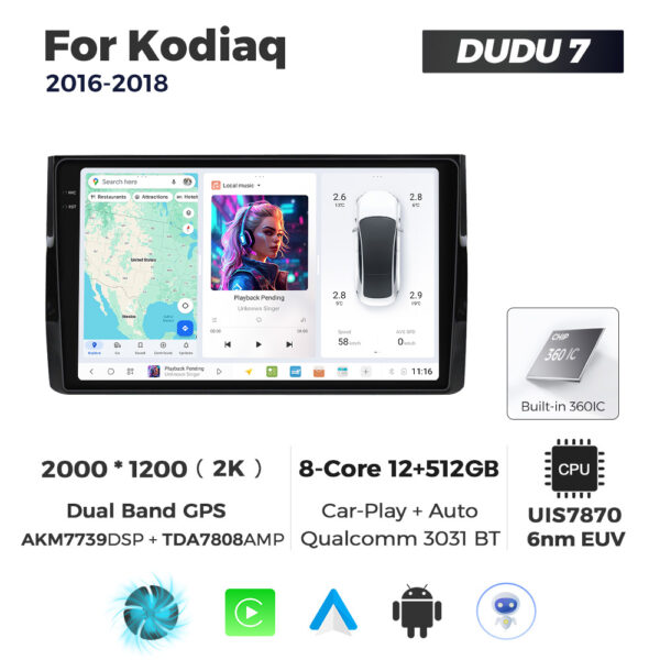Navigatie Dedicata Skoda Kodiaq 2016-2018 DUDU7 9" 12GB RAM, 512GB ROM, Octacore, Ecran 2K, CarPlay&AndroidAuto, Android