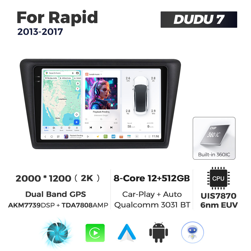 Navigatie Dedicata Skoda Rapid 2013-2017 DUDU7 9" 12GB RAM, 512GB ROM, Octacore, Ecran 2K, CarPlay&AndroidAuto, Android - imagine 1