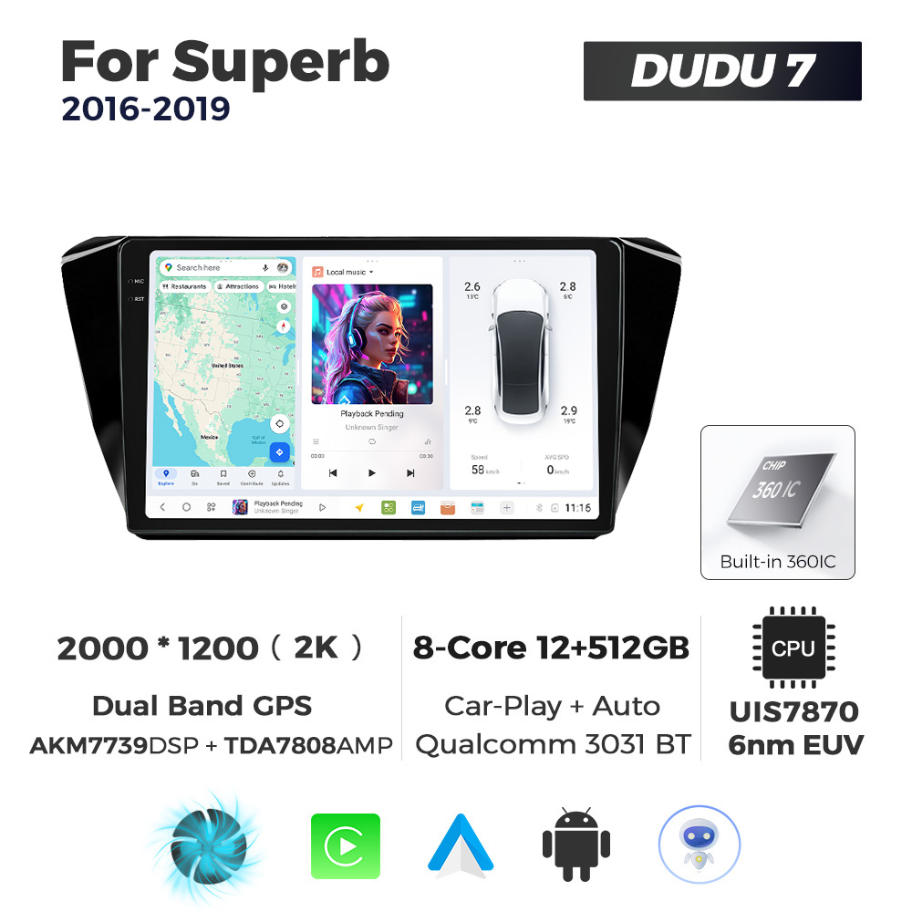 Navigatie Dedicata Skoda Superb 2016-2019 DUDU7 9" 12GB RAM, 512GB ROM, Octacore, Ecran 2K, CarPlay&AndroidAuto, Android - imagine 1