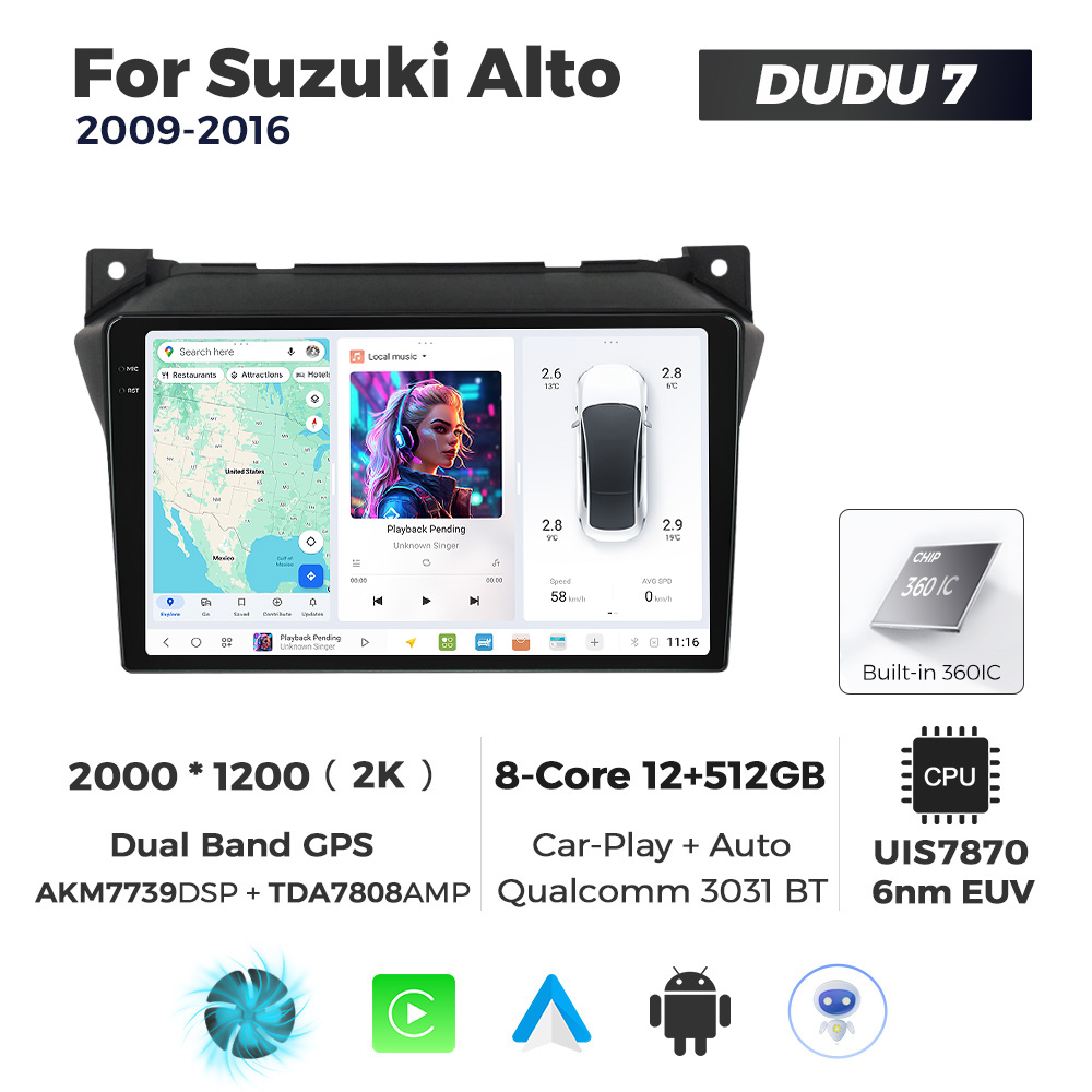Navigatie Dedicata Suzuki Alto 2009-2016 DUDU7 9" 12GB RAM, 512GB ROM, Octacore, Ecran 2K, CarPlay&AndroidAuto, Android - imagine 1