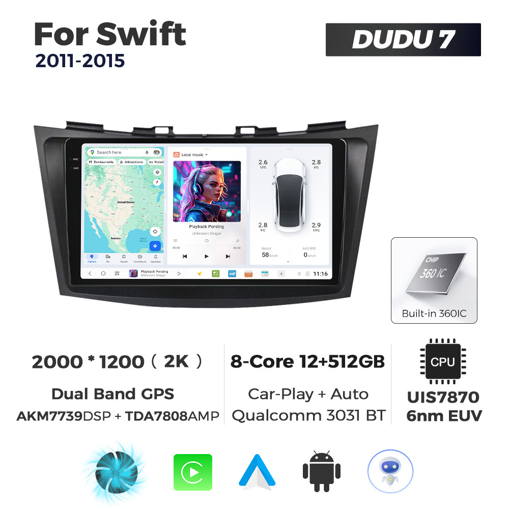 Navigatie Dedicata Suzuki Swift 2011-2015 DUDU7 9" 12GB RAM, 512GB ROM, Octacore, Ecran 2K, CarPlay&AndroidAuto, Android - imagine 1