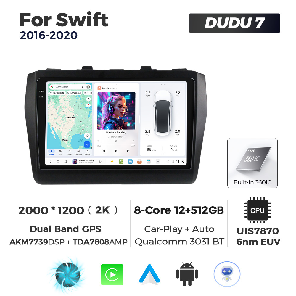 Navigatie Dedicata Suzuki Swift 2016-2020 DUDU7 9" 12GB RAM, 512GB ROM, Octacore, Ecran 2K, CarPlay&AndroidAuto, Android - imagine 1