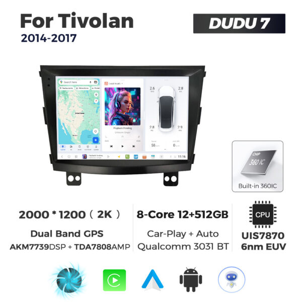 Navigatie Dedicata SsangYong Tivolan 2014-2017 DUDU7 9" 12GB RAM, 512GB ROM, Octacore, Ecran 2K, CarPlay&AndroidAuto, Android
